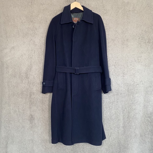 Nelson Stuart Other - Vintage Nelson Stuart Mens Wool Belted Overcoat 38R Navy Blue Long Coat Trench